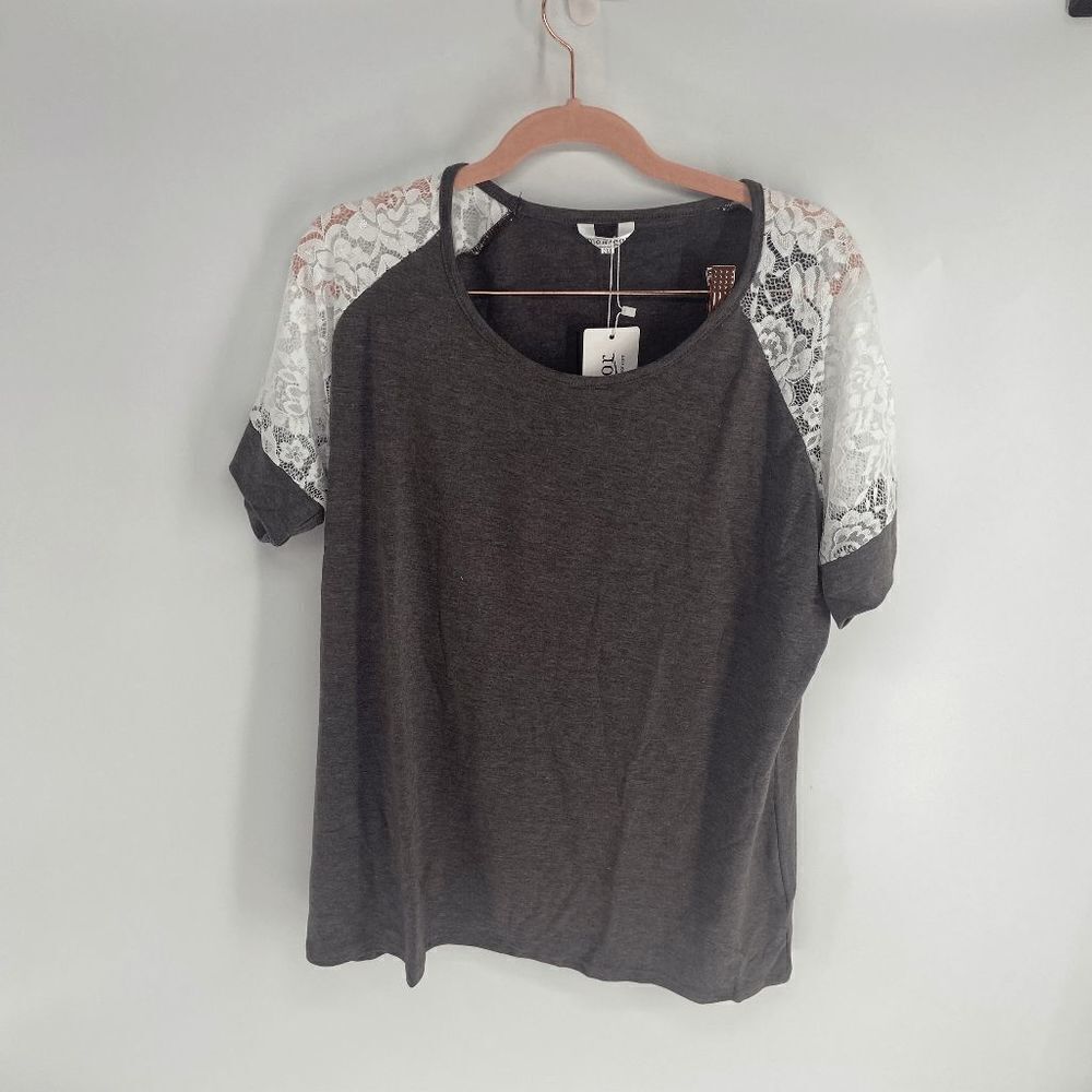 Meaneor Women's Gray Lace Raglan Short Sleeve Casual T-Shirt Size 2XL NWT